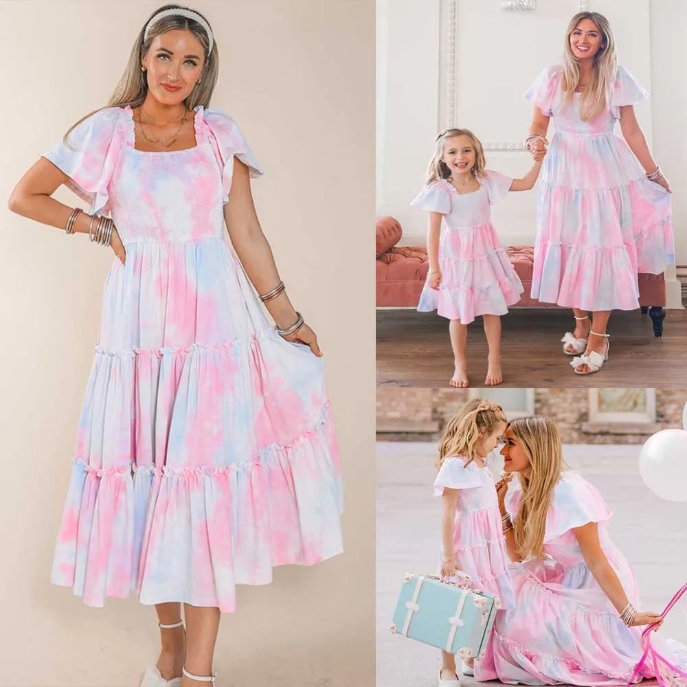 IVY CITY CO. tie Dye Tiered Midi Smocked Cotton Candy Dress Medium